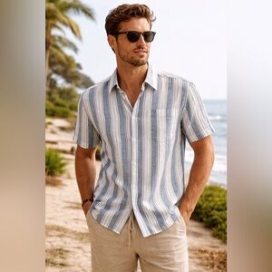 Even Tide Men’s Linen Cotton Striped Button Up Shirt Blue White Medium Resort